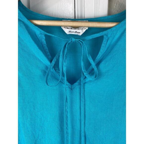 Talbots Petites Women's S Turquoise Blue Irish Linen Tie Neck Blouse - Picture 2 of 6